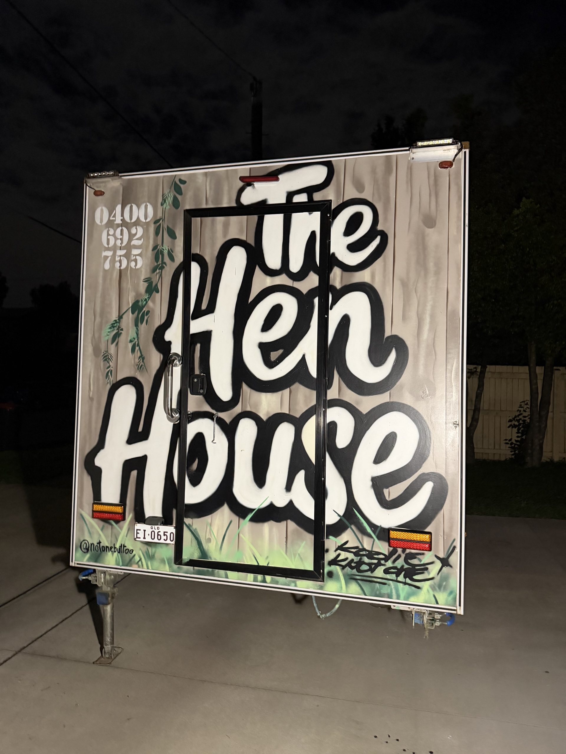 The Hen House rear door lettering by Notonebuttoo