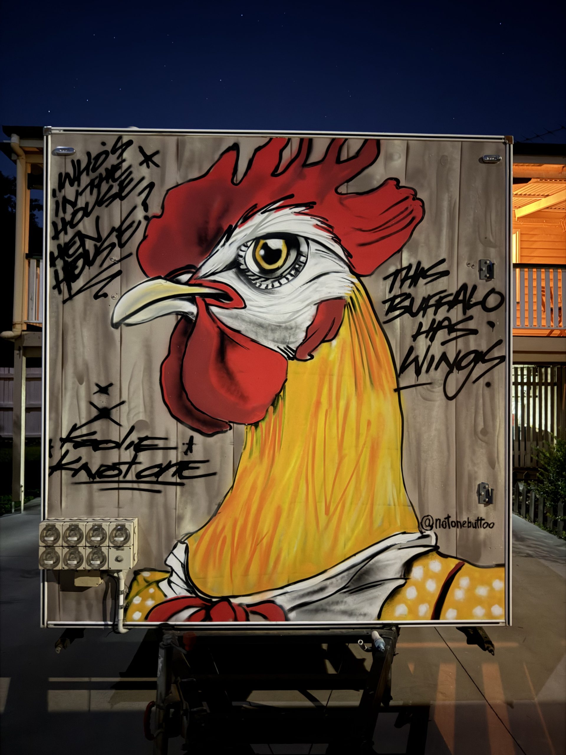 The Hen House rooster character mural by Notonebuttoo